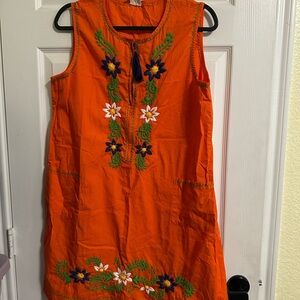 Sister Mary Floral Embroidered Tank Shift Dress Womens SZ M Orange Boho